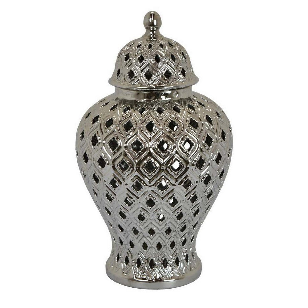 Deni 18 Inch Temple Jar, Pierced, Carved Lattice Design, Lid, Silver - BM309797