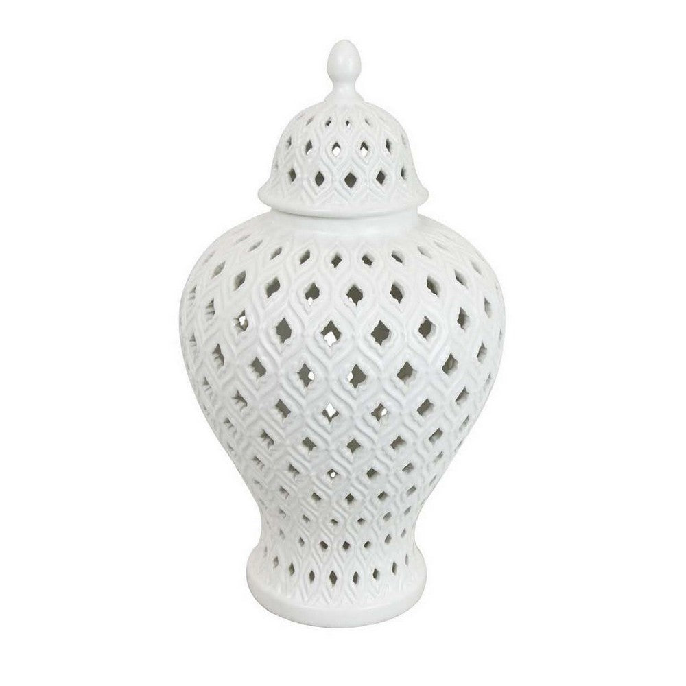 Deni 18 Inch Temple Jar, Pierced, Carved Lattice Design, Lid, White - BM309798