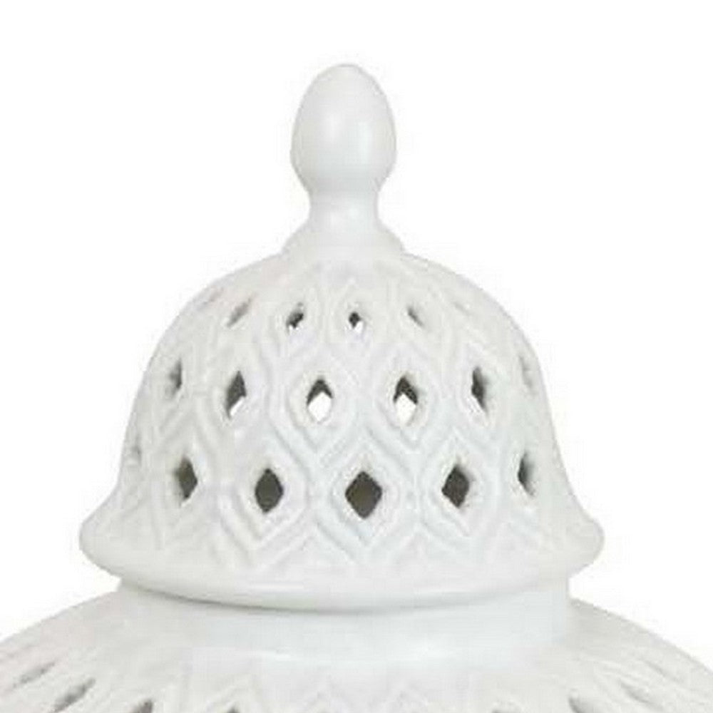 Deni 18 Inch Temple Jar, Pierced, Carved Lattice Design, Lid, White - BM309798