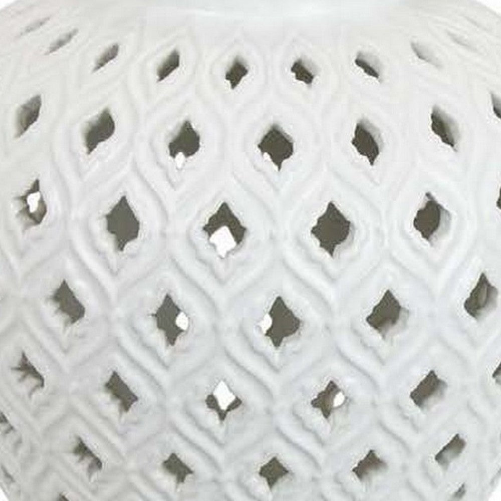 Deni 18 Inch Temple Jar, Pierced, Carved Lattice Design, Lid, White - BM309798