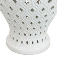 Deni 18 Inch Temple Jar, Pierced, Carved Lattice Design, Lid, White - BM309798