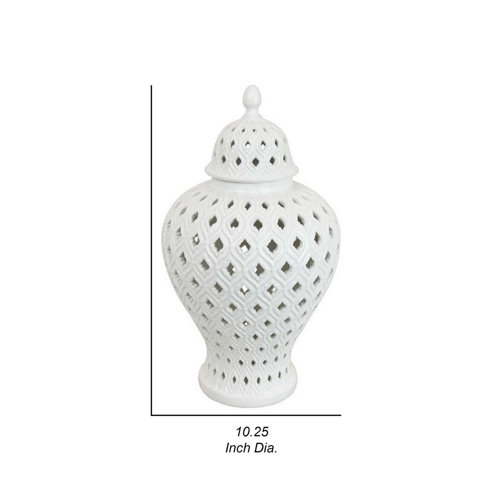 Deni 18 Inch Temple Jar, Pierced, Carved Lattice Design, Lid, White - BM309798