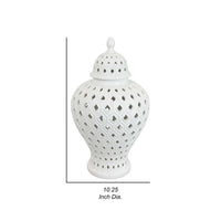 Deni 18 Inch Temple Jar, Pierced, Carved Lattice Design, Lid, White - BM309798