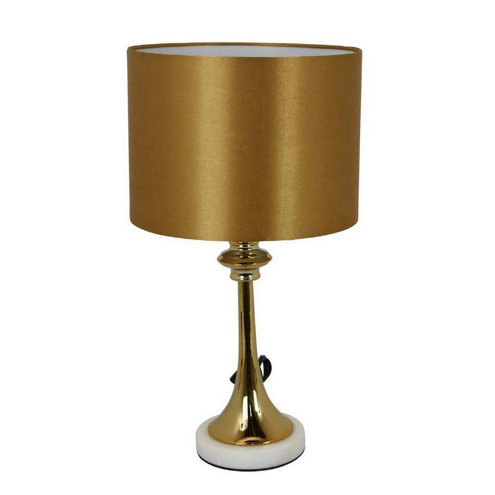 20 Inch Table Lamp, Drum Shade, Trumpet Shaped Body, Classic Gold Finish - BM309800