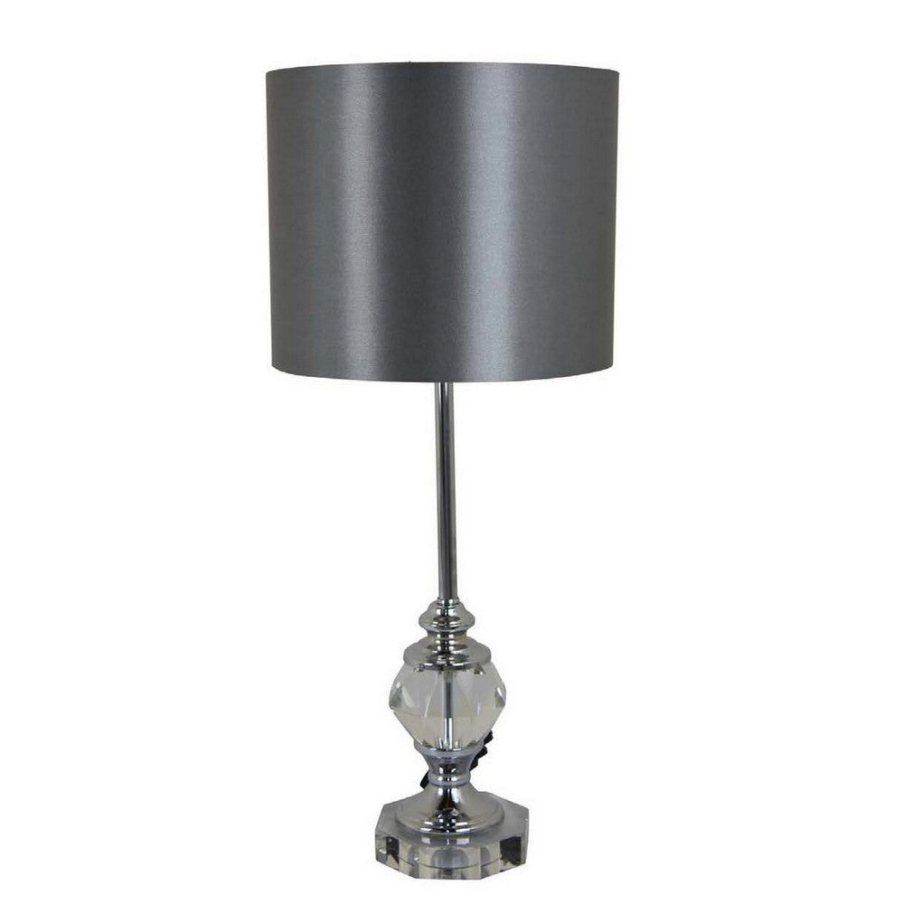 25 Inch Table Lamp, Gray Drum Shade, Modern Clear Glass Finial Body, Gray - BM309805