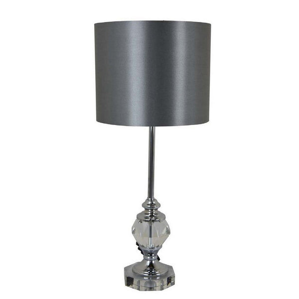 25 Inch Table Lamp, Gray Drum Shade, Modern Clear Glass Finial Body, Gray - BM309805