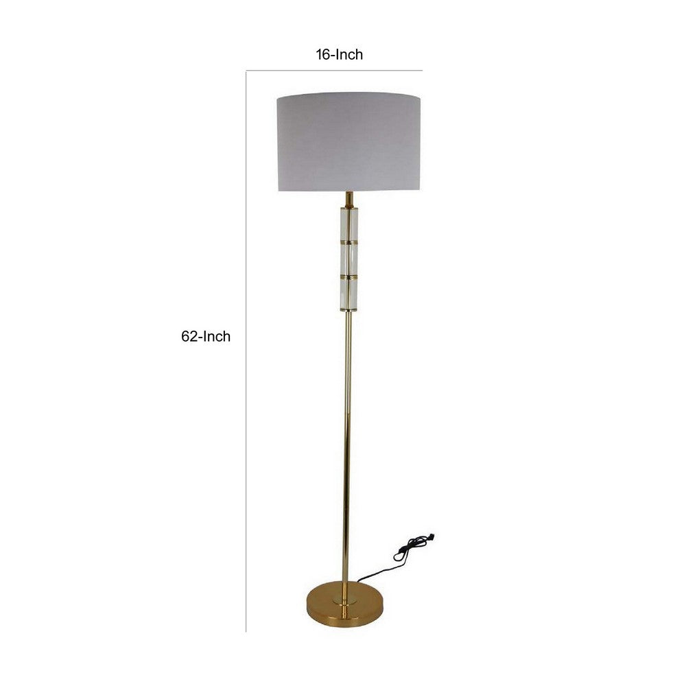62 Inch Floor Lamp, White Drum Shade, Sleek Silhouette, Clear Glass Accents - BM309806