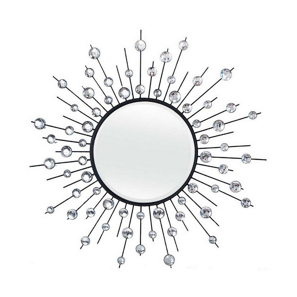 32 Inch Wall Decor, Round Mirror, Sunburst Style, Metal, Black, Silver - BM309819