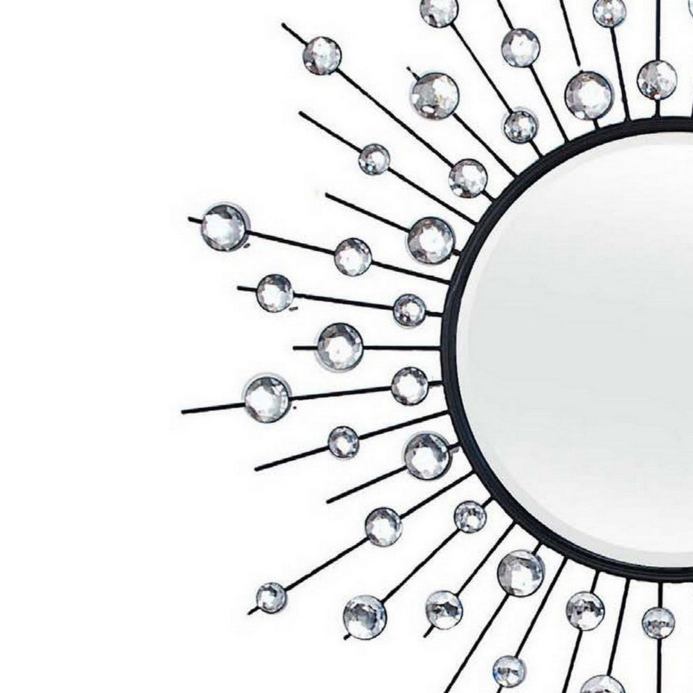 32 Inch Wall Decor, Round Mirror, Sunburst Style, Metal, Black, Silver - BM309819