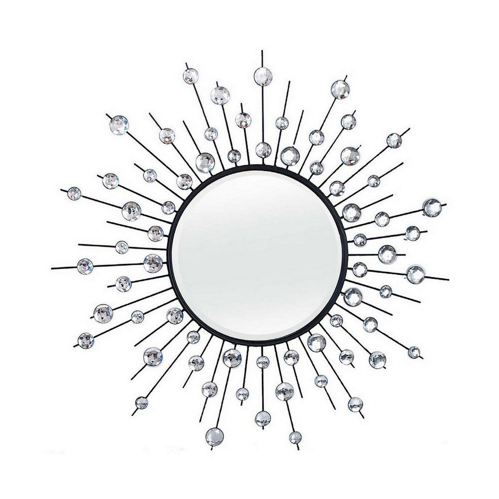 benzara 32 Inch Wall Decor Round Mirror Sunburst Style Metal Black Silver - BM309819