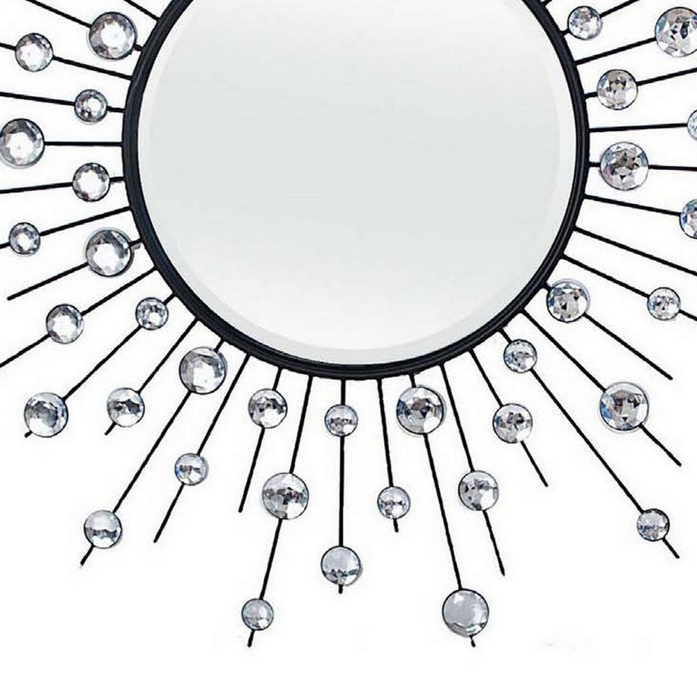 32 Inch Wall Decor, Round Mirror, Sunburst Style, Metal, Black, Silver - BM309819