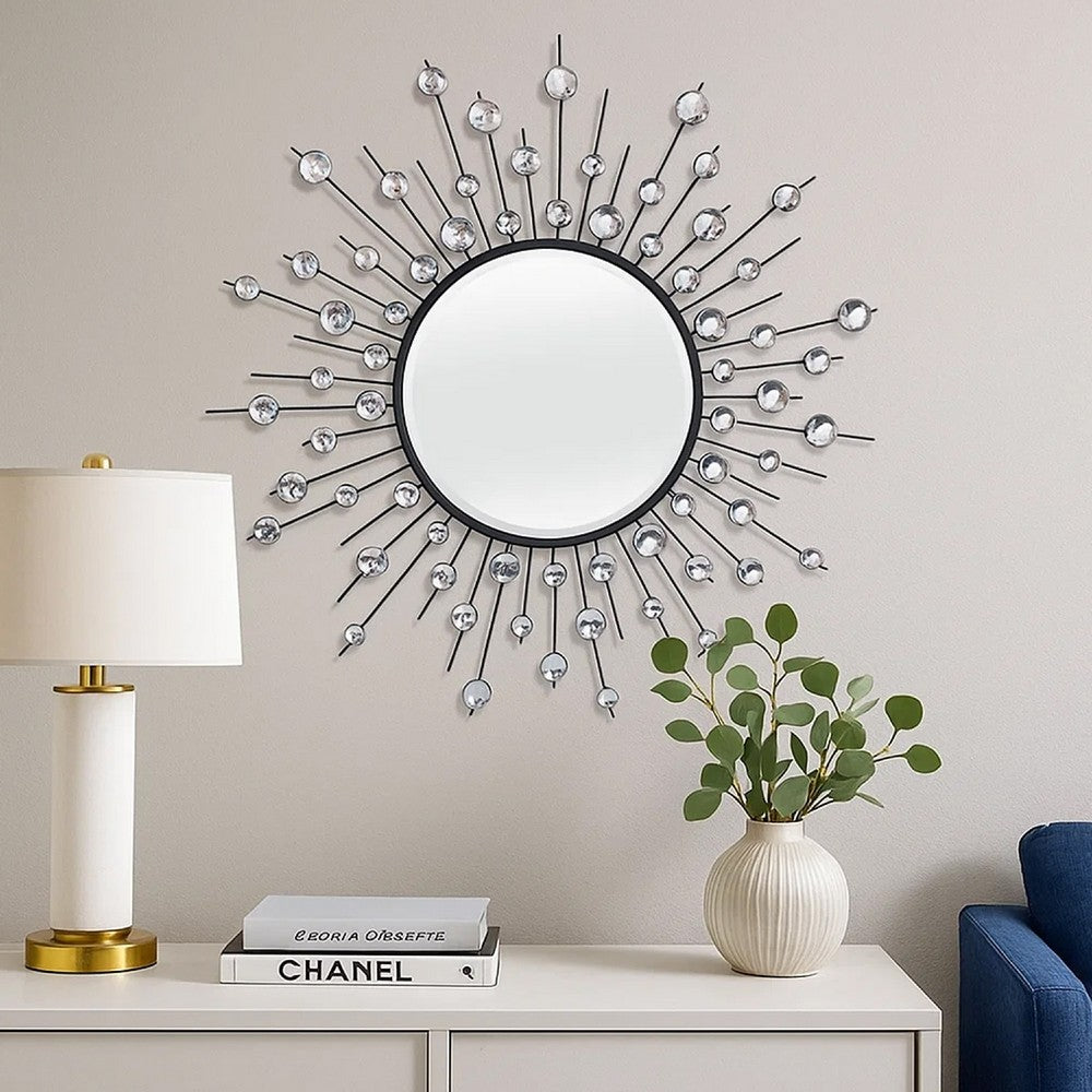 32 Inch Wall Decor, Round Mirror, Sunburst Style, Metal, Black, Silver - BM309819