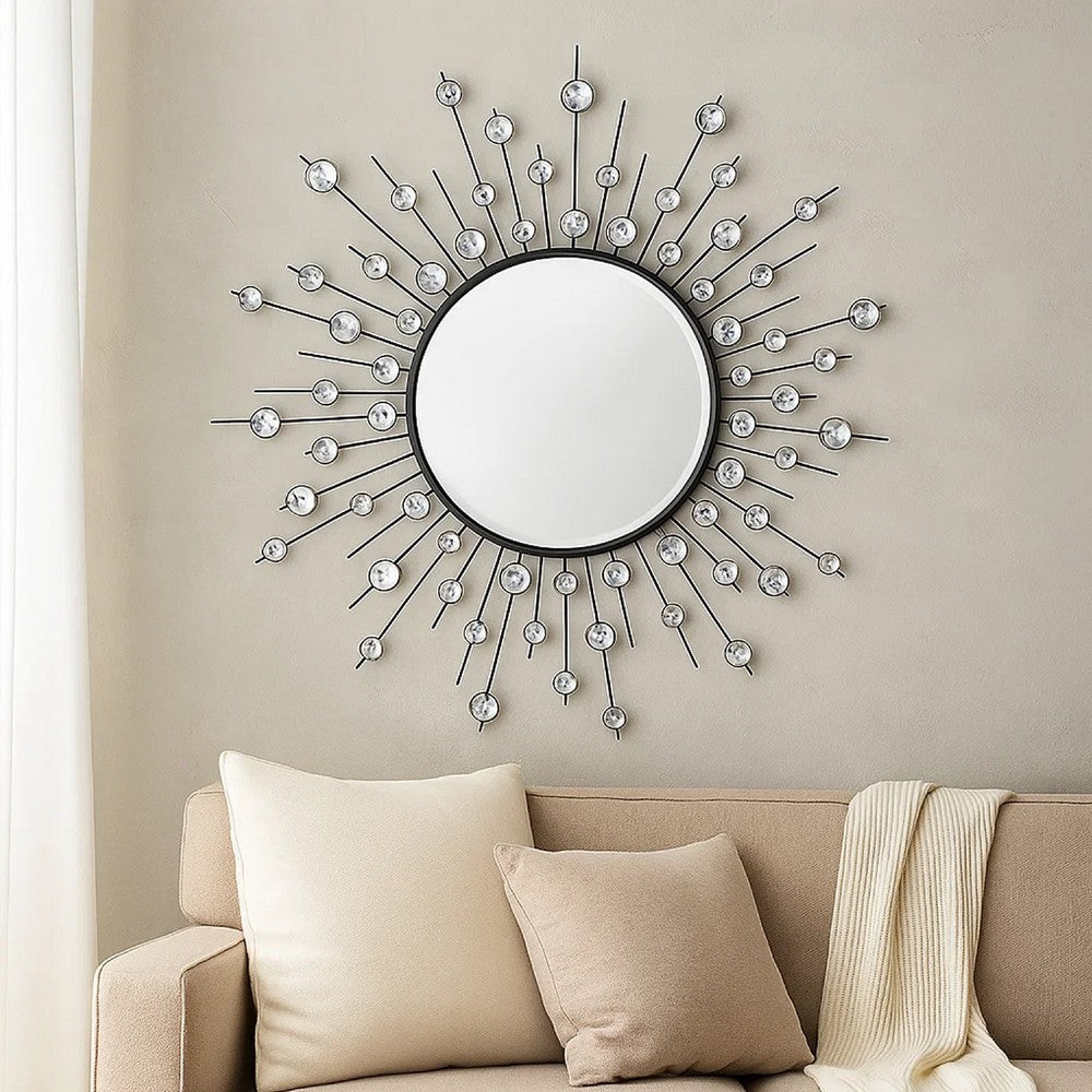 32 Inch Wall Decor, Round Mirror, Sunburst Style, Metal, Black, Silver - BM309819