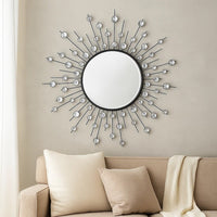 32 Inch Wall Decor, Round Mirror, Sunburst Style, Metal, Black, Silver - BM309819