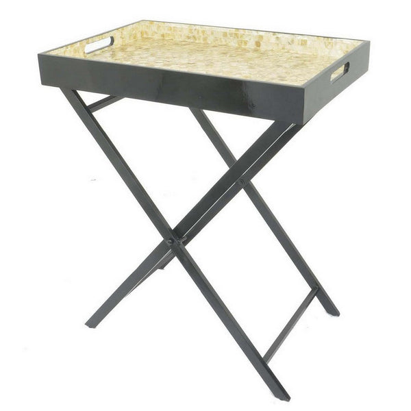Dain 28 Inch Serving Tray Table, Foldable, Black Metal Stand, Multicolor - BM309823
