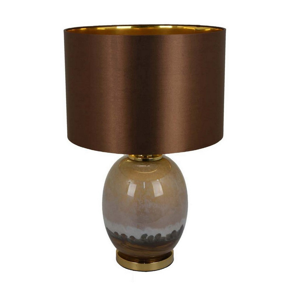 Gia 23 Inch Table Lamp, Drum Shade, Curved Round Glass Body, Brown Finish - BM309826