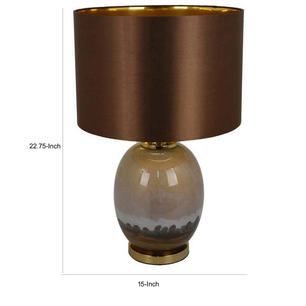 Gia 23 Inch Table Lamp, Drum Shade, Curved Round Glass Body, Brown Finish - BM309826