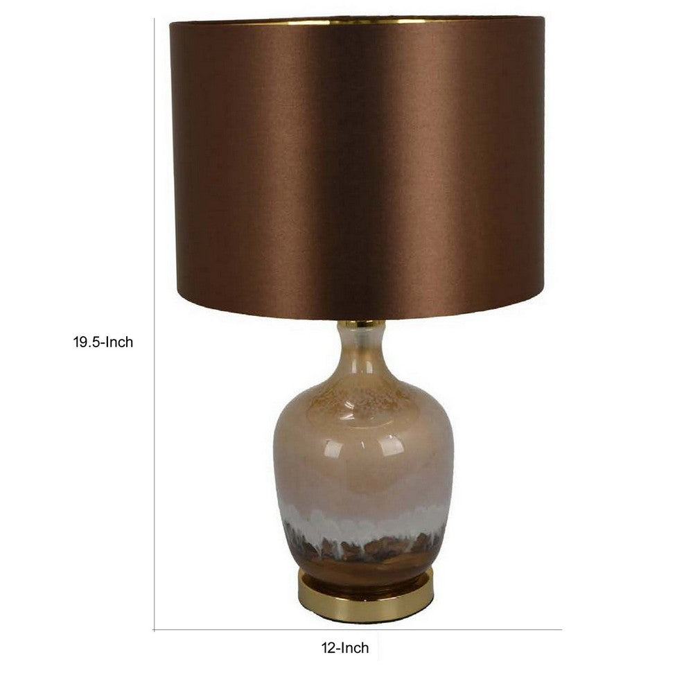 Gia 20 Inch Table Lamp, Drum Shade, Curved Round Glass Body, Brown Finish - BM309827