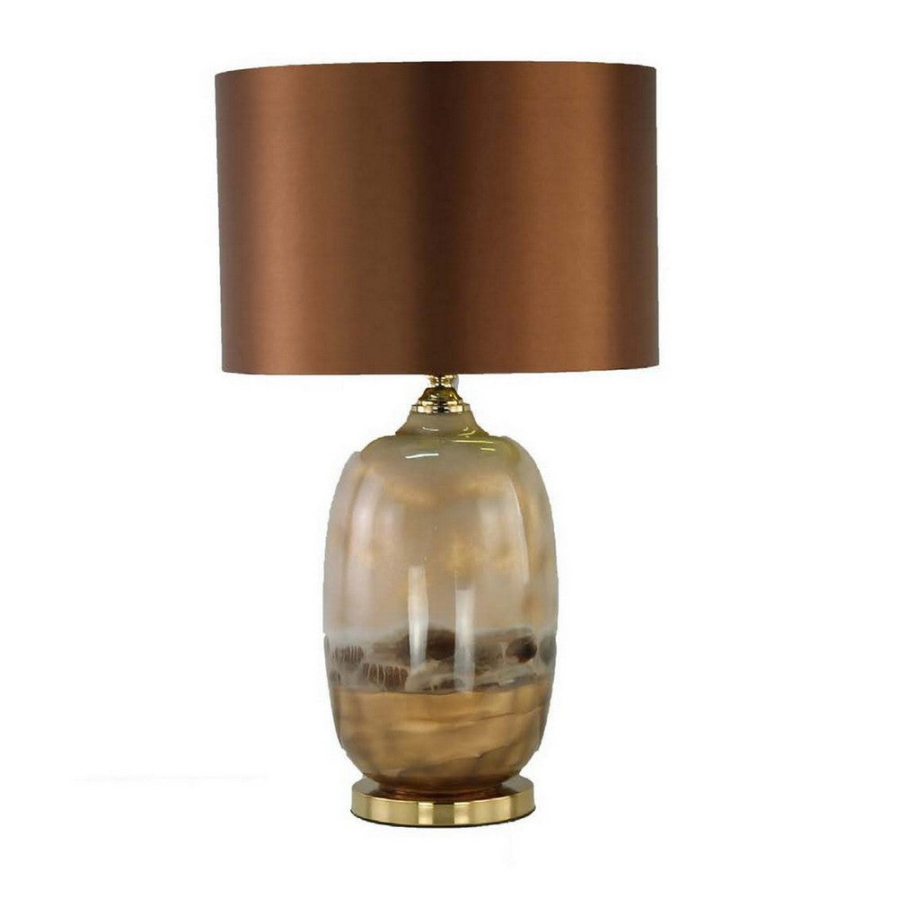 Gia 25 Inch Table Lamp, Drum Shade, Vase Shaped Glass Body, Brown Finish - BM309828