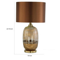 Gia 25 Inch Table Lamp, Drum Shade, Vase Shaped Glass Body, Brown Finish - BM309828