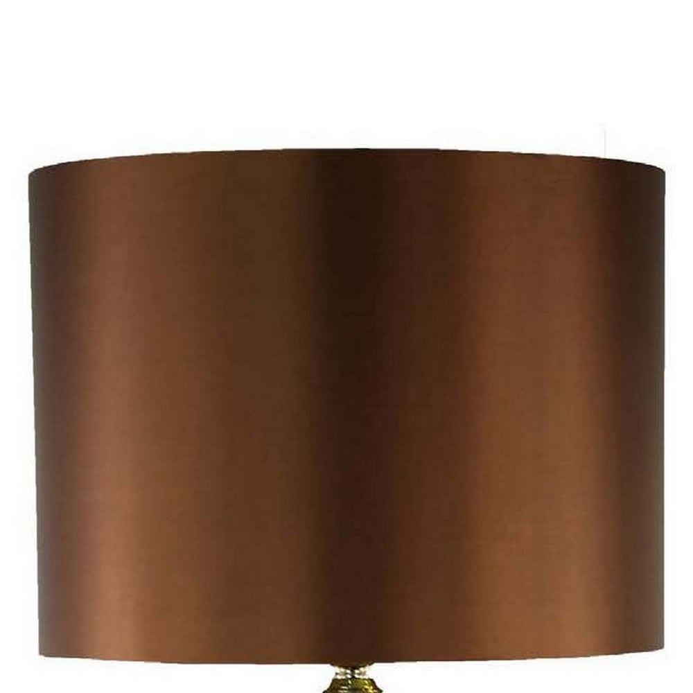 Gia 32 Inch Table Lamp, Drum Shade, Drop Style Glass Body, Brown Finish - BM309829
