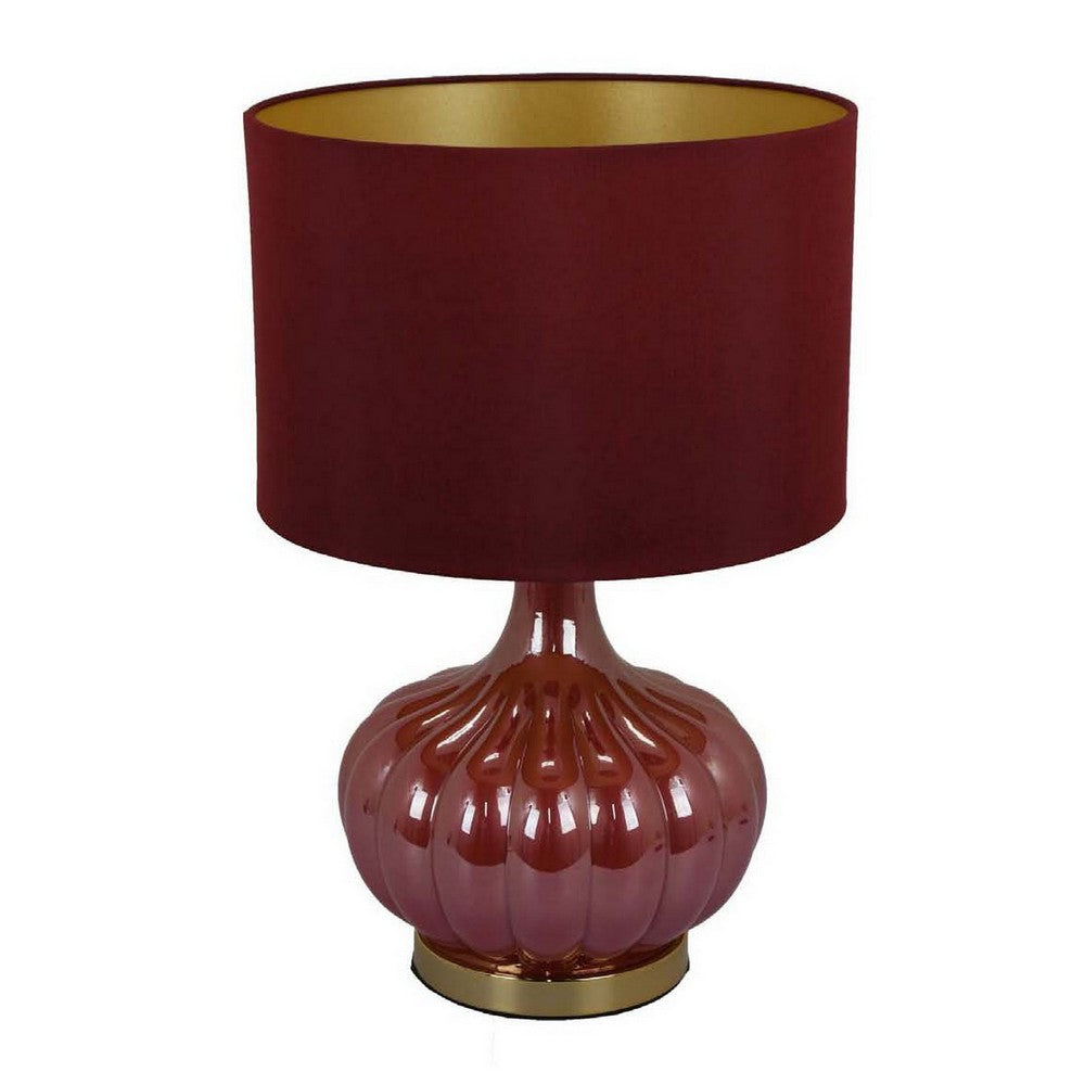 Gia 18 Inch Table Lamp, Drum Shade, Round Body with Vertical Ribs, Red - BM309830