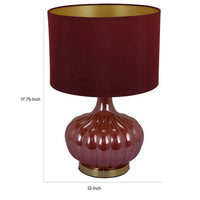 Gia 18 Inch Table Lamp, Drum Shade, Round Body with Vertical Ribs, Red - BM309830