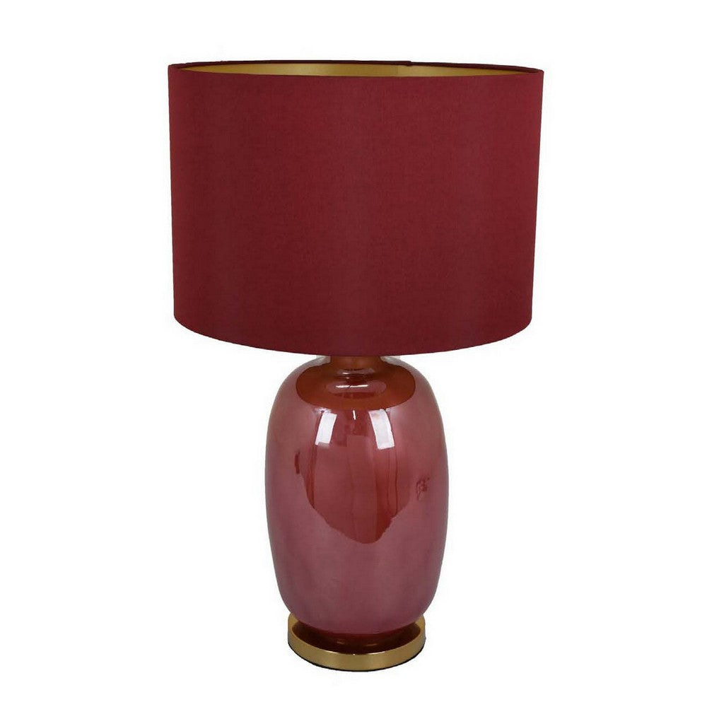 Gia 25 Inch Table Lamp, Drum Shade, Vase Shape Glass Body, Red Finish - BM309831