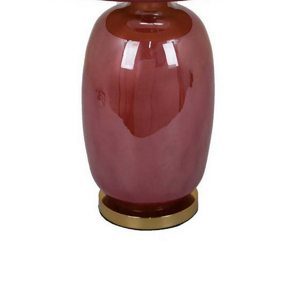 Gia 25 Inch Table Lamp, Drum Shade, Vase Shape Glass Body, Red Finish - BM309831