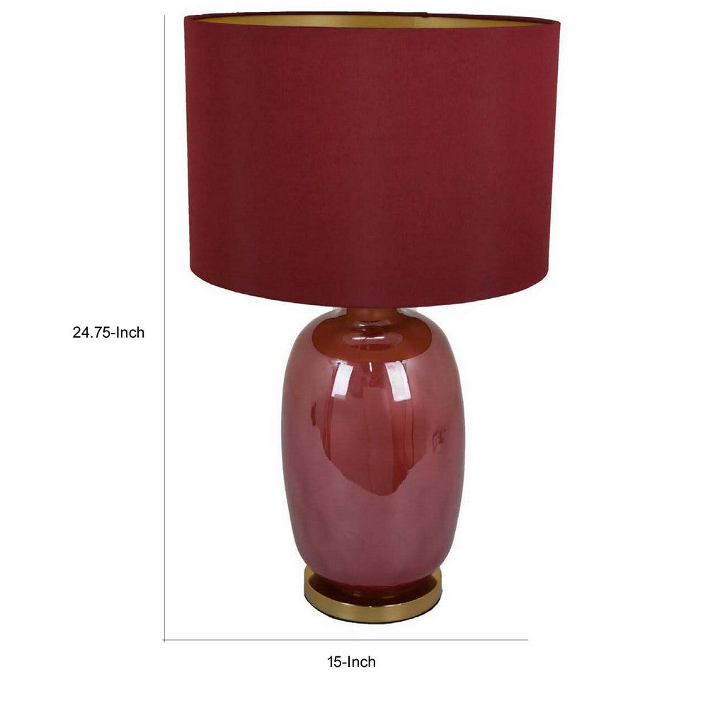 Gia 25 Inch Table Lamp, Drum Shade, Vase Shape Glass Body, Red Finish - BM309831