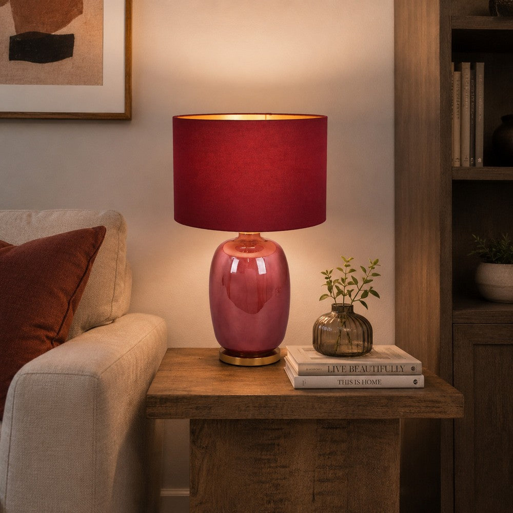 Gia 25 Inch Table Lamp, Drum Shade, Vase Shape Glass Body, Red Finish - BM309831