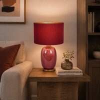 Gia 25 Inch Table Lamp, Drum Shade, Vase Shape Glass Body, Red Finish - BM309831