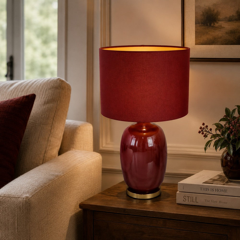 Gia 25 Inch Table Lamp, Drum Shade, Vase Shape Glass Body, Red Finish - BM309831