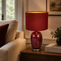 Gia 25 Inch Table Lamp, Drum Shade, Vase Shape Glass Body, Red Finish - BM309831
