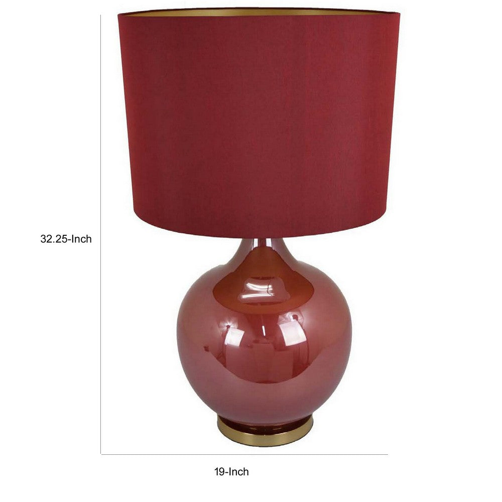 Gia 32 Inch Table Lamp, Drum Shade, Curved Round Glass Body, Red Finish - BM309832