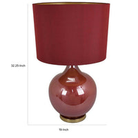 Gia 32 Inch Table Lamp, Drum Shade, Curved Round Glass Body, Red Finish - BM309832