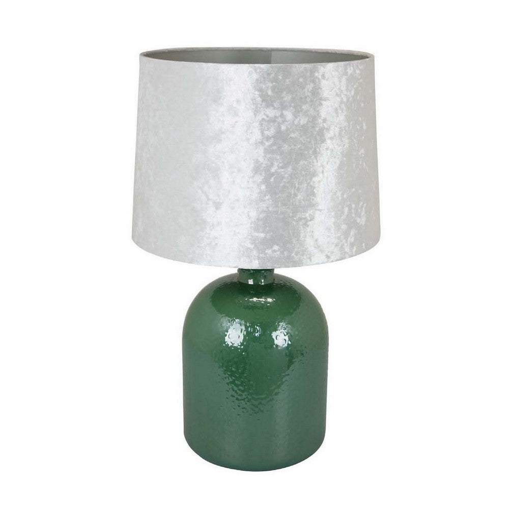 27 Inch Table Lamp, Drum Shade, Round Drop Shaped Glass Body, Green Finish - BM309833