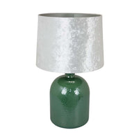 27 Inch Table Lamp, Drum Shade, Round Drop Shaped Glass Body, Green Finish - BM309833