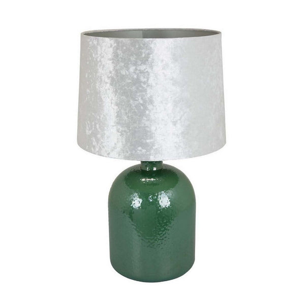 27 Inch Table Lamp, Drum Shade, Round Drop Shaped Glass Body, Green Finish - BM309833