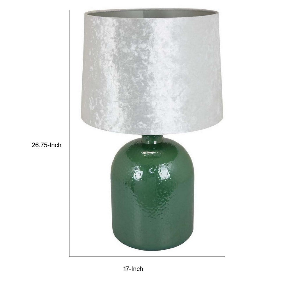 27 Inch Table Lamp, Drum Shade, Round Drop Shaped Glass Body, Green Finish - BM309833