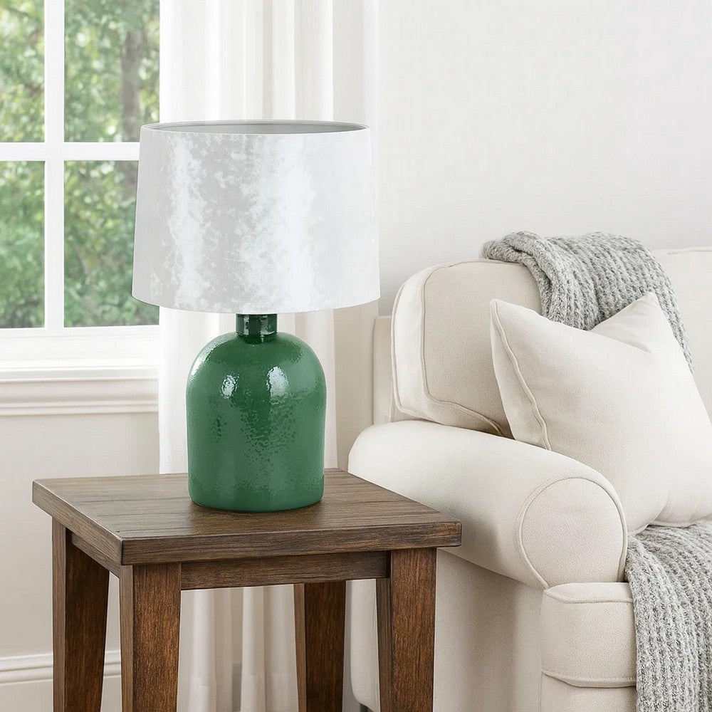 27 Inch Table Lamp, Drum Shade, Round Drop Shaped Glass Body, Green Finish - BM309833