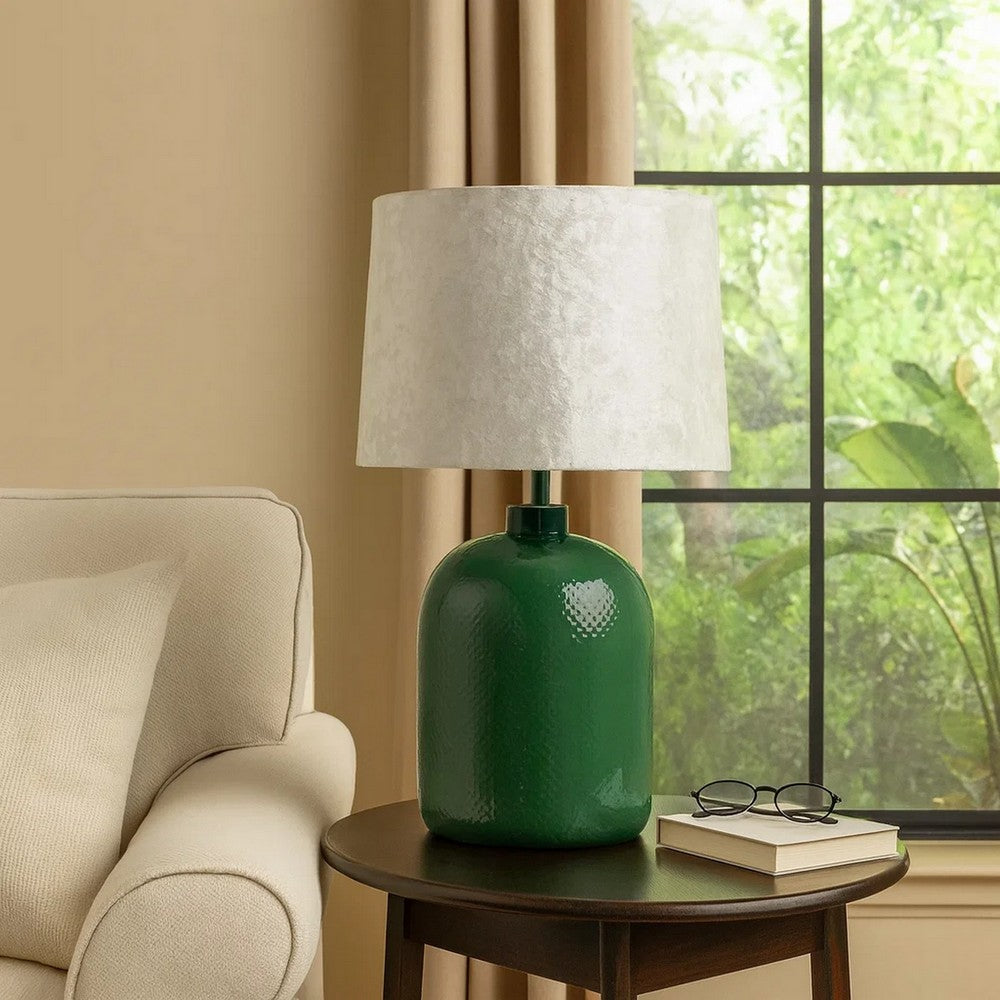27 Inch Table Lamp, Drum Shade, Round Drop Shaped Glass Body, Green Finish - BM309833
