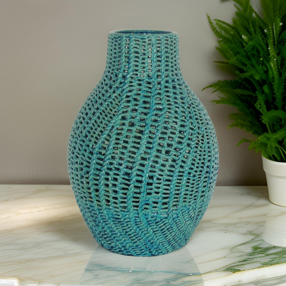 20 Inch Vase, Modern Ceramic Interlaced Woven Design, Curved, Teal Blue - BM309835