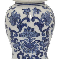 18 Inch Temple Jar, Ceramic Blue and White Floral Print, Removable Lid - BM309842