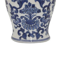 18 Inch Temple Jar, Ceramic Blue and White Floral Print, Removable Lid - BM309842