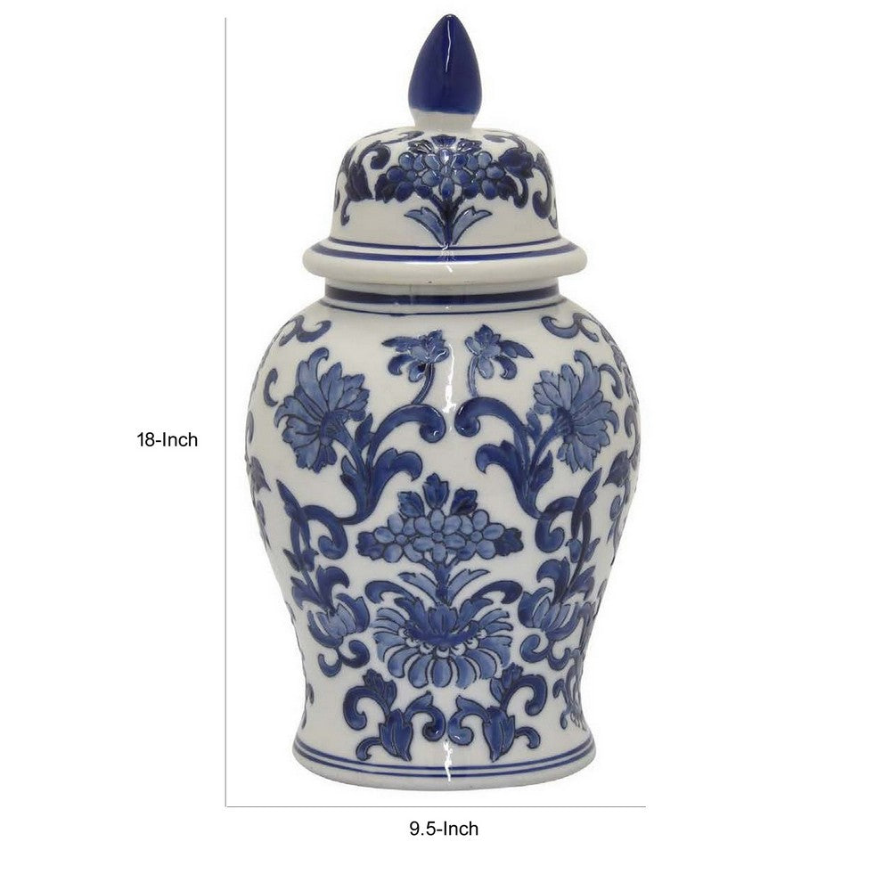 18 Inch Temple Jar, Ceramic Blue and White Floral Print, Removable Lid - BM309842