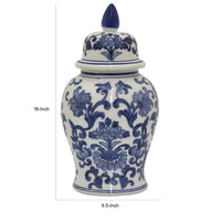 18 Inch Temple Jar, Ceramic Blue and White Floral Print, Removable Lid - BM309842