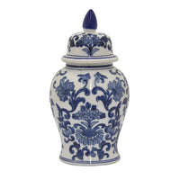 18 Inch Temple Jar, Ceramic Blue and White Floral Print, Removable Lid - BM309842