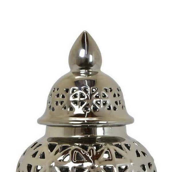 13 Inch Ginger Jar, Pierced, Carved Lattice Design, Removable Lid, Silver - BM309844