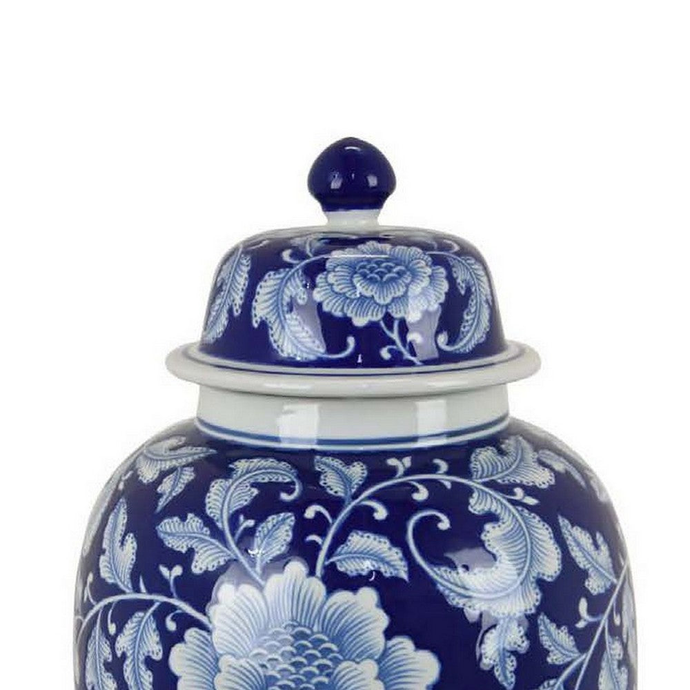 21 Inch Temple Ginger Jar, Blue, White Floral Print, Lid, Ceramic Pottery - BM309850